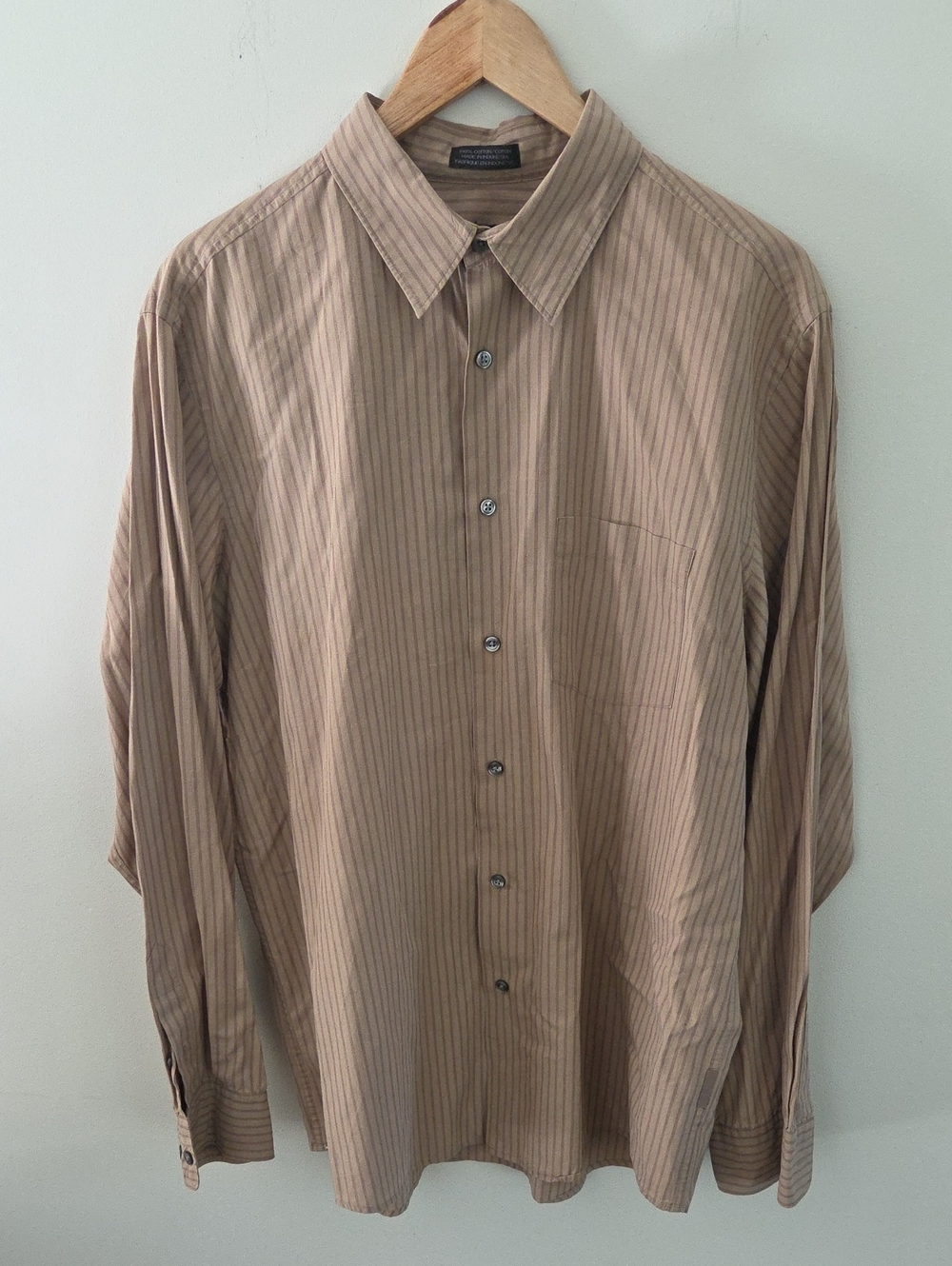 DKNY Men's Long-Sleeve Tan & Brown Pinstripe Button Down Shirt